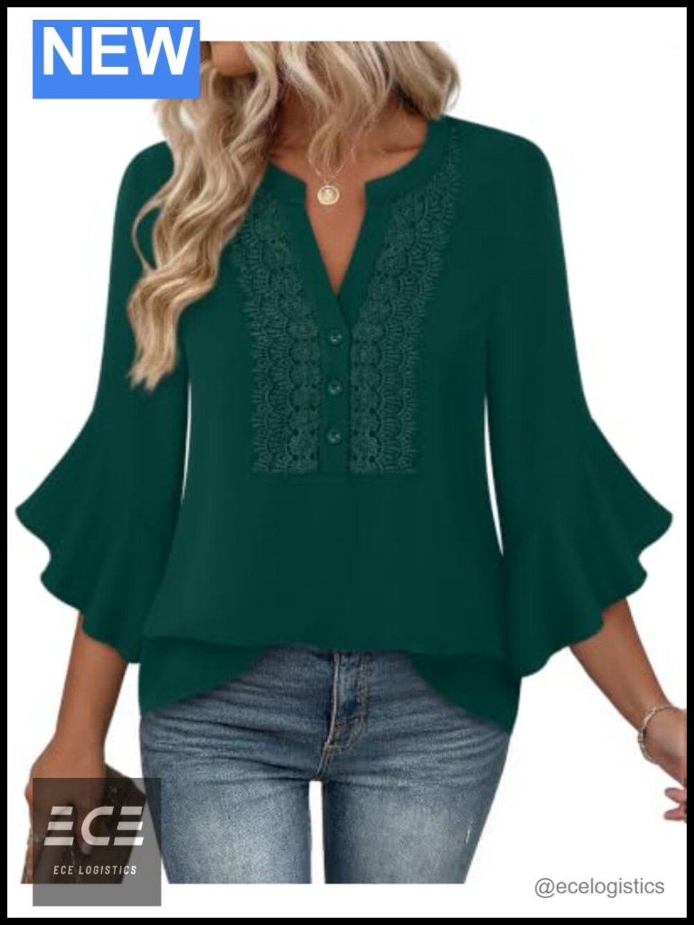 Women's 3/4 Ruffle Sleeve Button Down Lace Blouse Dressy Casual Work Top